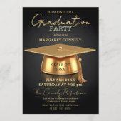 Elegant Black & Gold 3D Cap Graduation Party Einladung (Vorderseite)