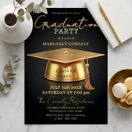 Elegant Black & Gold 3D Cap Graduation Party Einladung