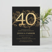 Elegant Black Gold 40. Geburtstag Einladung (Stehend Vorderseite)