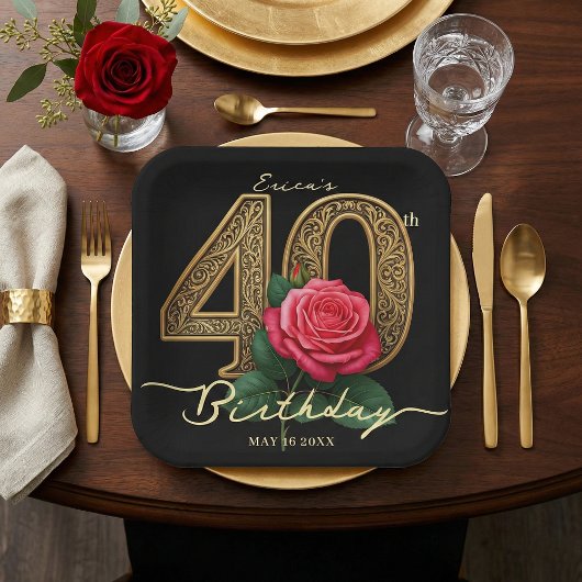 Elegant Black Gold 40th Birthday Red Rose Floral Pappteller