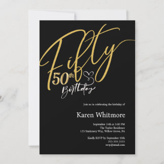 Elegant Black & Gold 50. für Frauen Geburtstag Einladung
