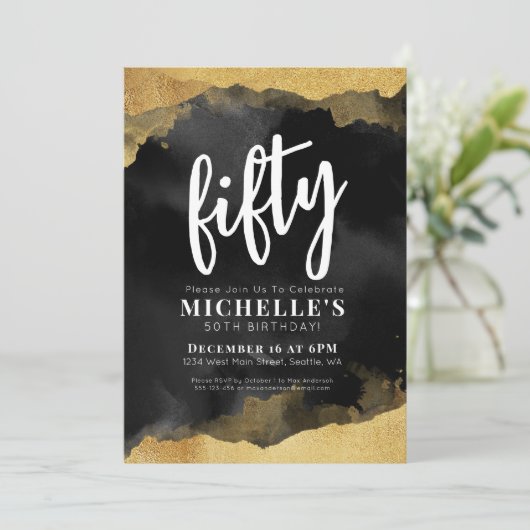 Elegant Black Gold 50. Geburtstag Einladung (Stehend Vorderseite)