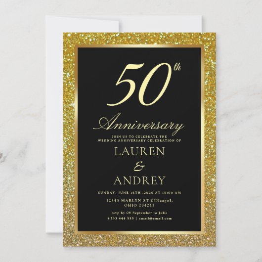 Elegant Black Gold 50th Wedding Anniversary Einladung (Vorderseite)