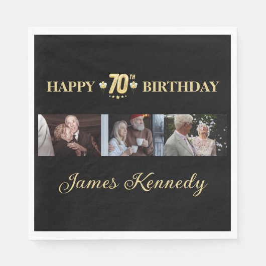 Elegant Black & Gold 70th Birthday Photo Napkin  Serviette (Vorderseite)