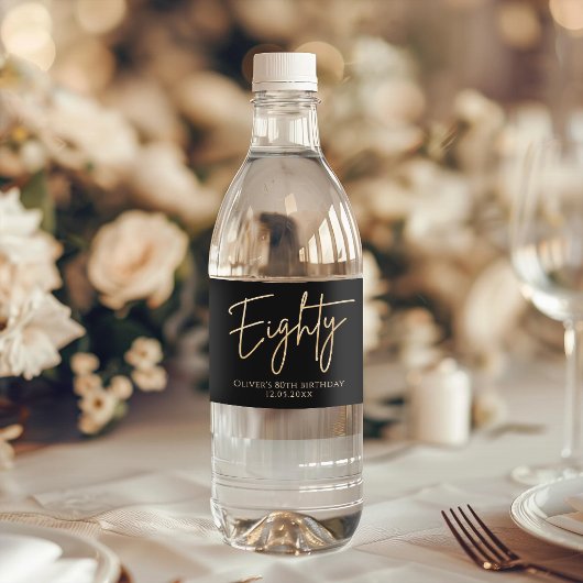 Elegant Black Gold 80th Birthday Party Wasserflaschenetikett