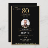 Elegant Black & Gold 80th & Legendary Birthday Einladung (Vorne/Hinten)