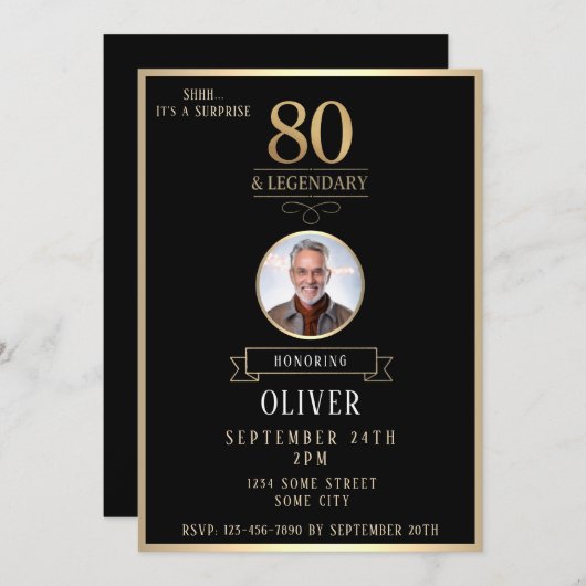 Elegant Black & Gold 80th & Legendary Birthday Einladung (Vorne/Hinten)