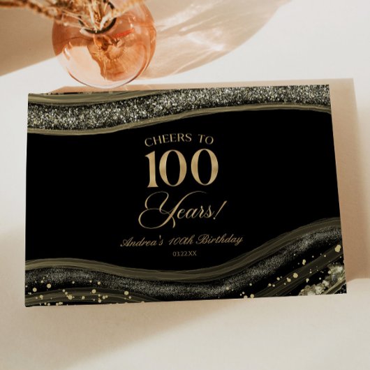 Elegant Black Gold Agate 100th Birthday Party Gästebuch