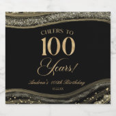 Elegant Black Gold Agate 100th Birthday Party Schaumweinetikett (Einzelnes Label)