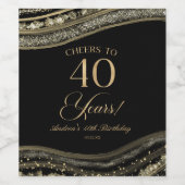 Elegant Black Gold Agate 40th Birthday Party Weinetikett (Einzelnes Label)