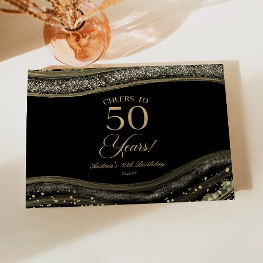 Elegant Black Gold Agate 50th Birthday Party Gästebuch