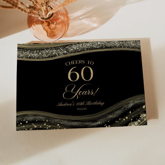 Elegant Black Gold Agate 60th Birthday Party Gästebuch