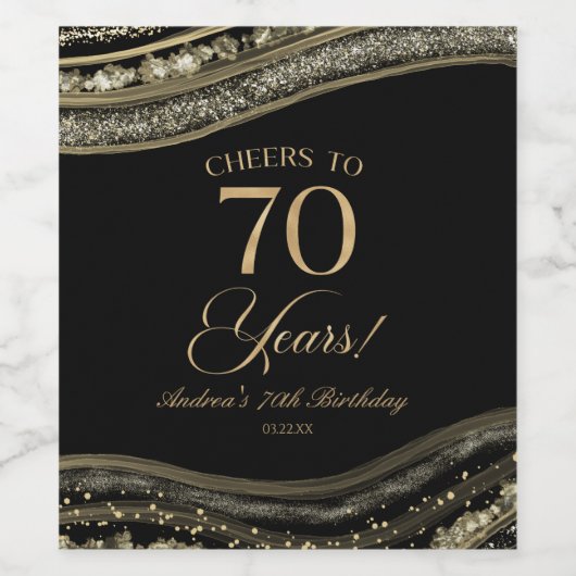 Elegant Black Gold Agate 70th Birthday Party Weinetikett (Einzelnes Label)