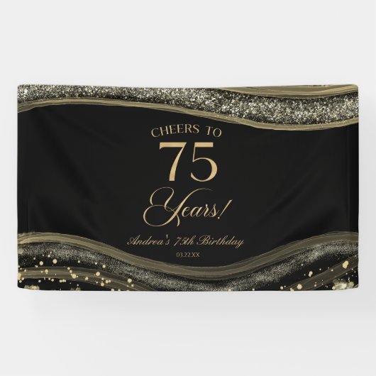 Elegant Black Gold Agate 75th Birthday Party Banner (Horizontal)