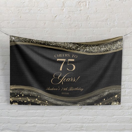 Elegant Black Gold Agate 75th Birthday Party Banner