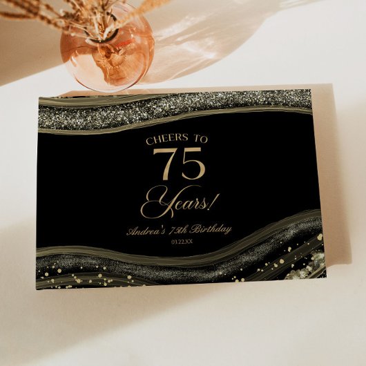 Elegant Black Gold Agate 75th Birthday Party Gästebuch