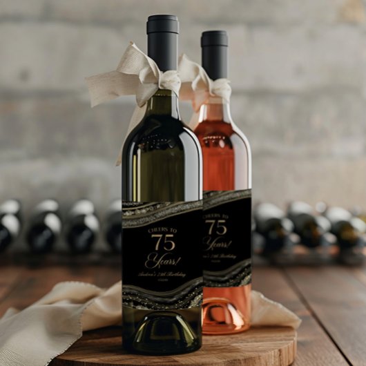 Elegant Black Gold Agate 75th Birthday Party Weinetikett