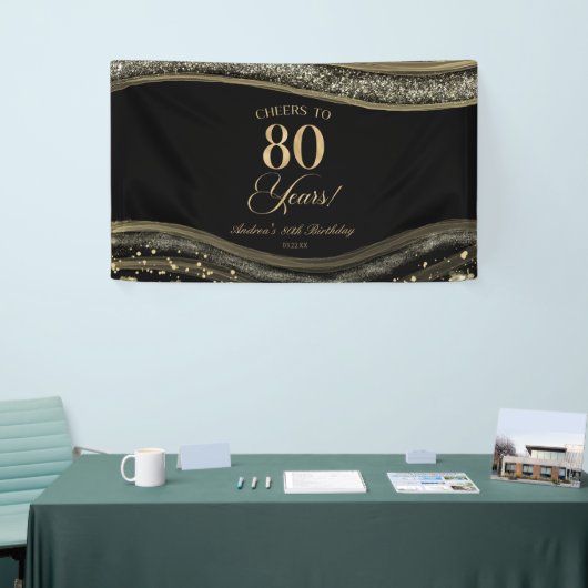 Elegant Black Gold Agate 80th Birthday Party Banner (Messeveranstaltung)