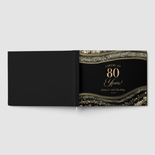 Elegant Black Gold Agate 80th Birthday Party Gästebuch (Voll)