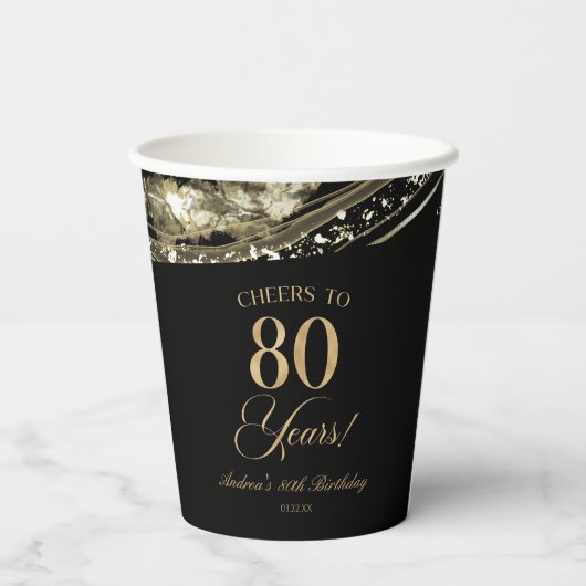 Elegant Black Gold Agate 80th Birthday Party Pappbecher (Rückseite)