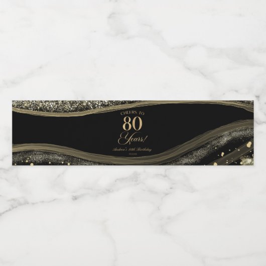 Elegant Black Gold Agate 80th Birthday Party Wasserflaschenetikett (Einzelnes Label)