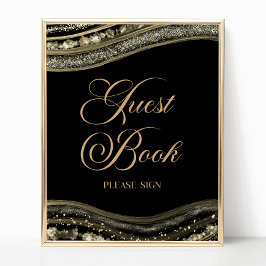 Elegant Black Gold Agate Guest Book Sign Poster