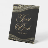 Elegant Black Gold Agate Guest Book Sign Sockelschild (Vorderseite)