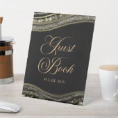 Elegant Black Gold Agate Guest Book Sign Sockelschild (In SItu)
