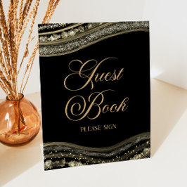 Elegant Black Gold Agate Guest Book Sign Sockelschild
