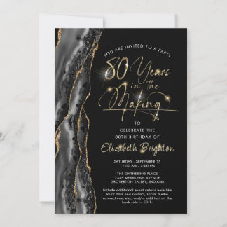 Elegant Black Gold Agate Script 80. Geburtstag Einladung