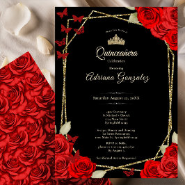 Elegant Black Gold and Red Roses Quinceanera  Einladung