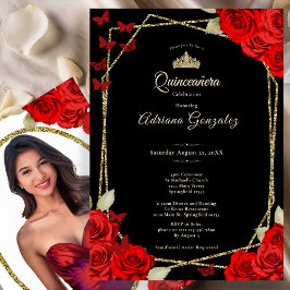 Elegant Black Gold and Red Roses Quinceanera  Einladung