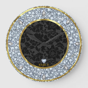 Elegant Black Gold And Sparkling Diamonds Pattern Große Wanduhr