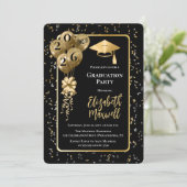 Elegant Black Gold Balloons Graduation Party Einladung (Stehend Vorderseite)