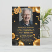 Elegant Black & Gold Balloons Photo 80th Birthday Einladung (Stehend Vorderseite)