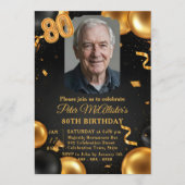 Elegant Black & Gold Balloons Photo 80th Birthday Einladung (Vorderseite)