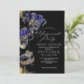 Elegant Black Gold Blue Masquerade 16. Geburtstag Einladung (Stehend Vorderseite)