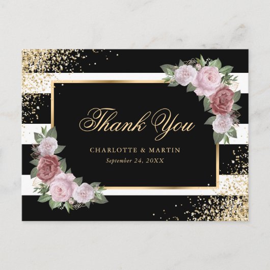 Elegant Black Gold Blush Pink Floral Vielen Dank Postkarte (Vorderseite)