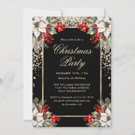 Elegant Black Gold Botanical Christmas Party Einladung