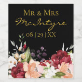 Elegant Black Gold Burgundy Blush Floral Mr. & Mrs Weinetikett (Einzelnes Label)
