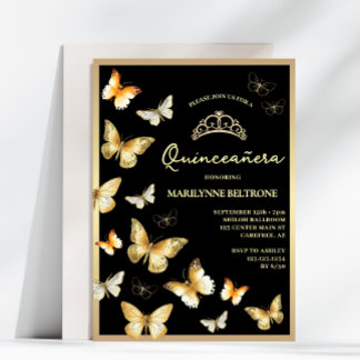 Elegant Black Gold Butterfly Quinceñera Einladung