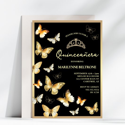 Elegant Black Gold Butterfly Quinceñera Einladung