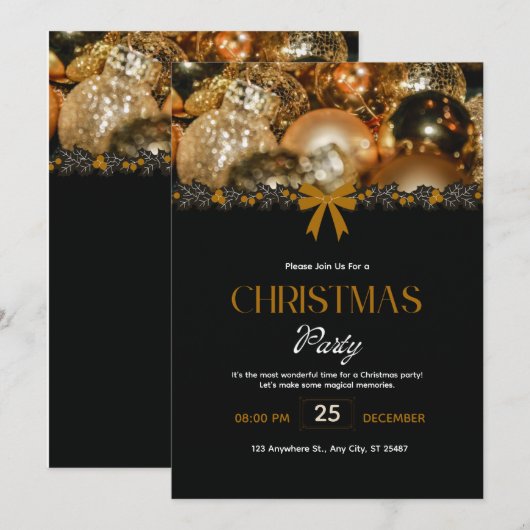 Elegant Black Gold Christmas Invitation Einladung (Vorne/Hinten)
