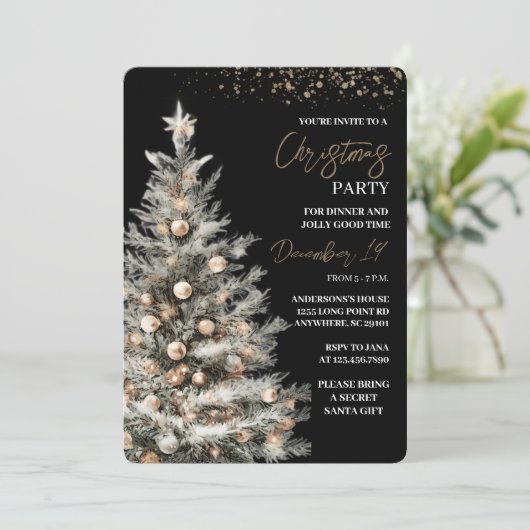 Elegant Black & Gold Christmas Party Einladung (Stehend Vorderseite)