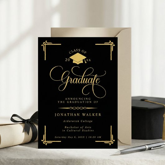 Elegant Black Gold College Graduation Ankündigung