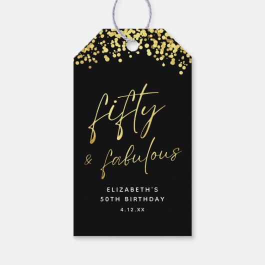 Elegant Black Gold Confetti 50 und fabelhaft Geschenkanhänger (Vorderseite)