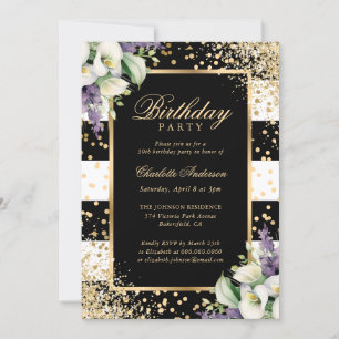 Elegant Black Gold Confetti Calla Lily Birthday Einladung