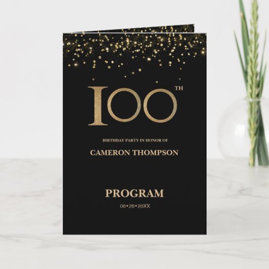 Elegant Black Gold confetti Custom 100th birthday Programm (Vorderseite)