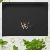 Elegant Black Gold Custom Monogram Script Name Geschirrtuch (Gefaltet)
