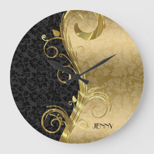 Elegant Black Gold Damasks Gold Swirls Große Wanduhr